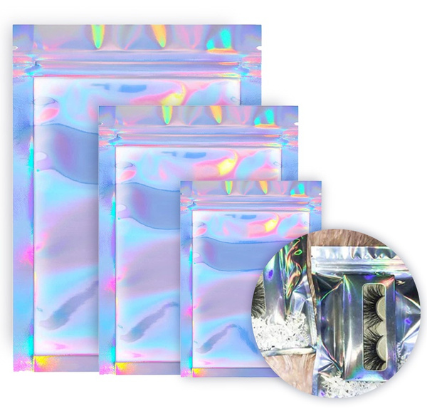 Small Size 100Pcs Holographic Packaging Bags-2.4x5.9 inch Resealable jewelry Pouch Lipgloss Ziplock Packaging for Small Business 