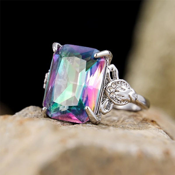 Mystic Princess Cut Rainbow Topaz Gemstone Women's Ring 4 Prong Design  Brand Ring for Anniversary Gifts Bride Wedding Engagement Rings Size 5-12