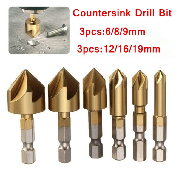 3PCS Countersink Drill Bit Set 1/4'' Hex Shank HSS 5 Flute Countersink 90 Degree Wood Chamfering
