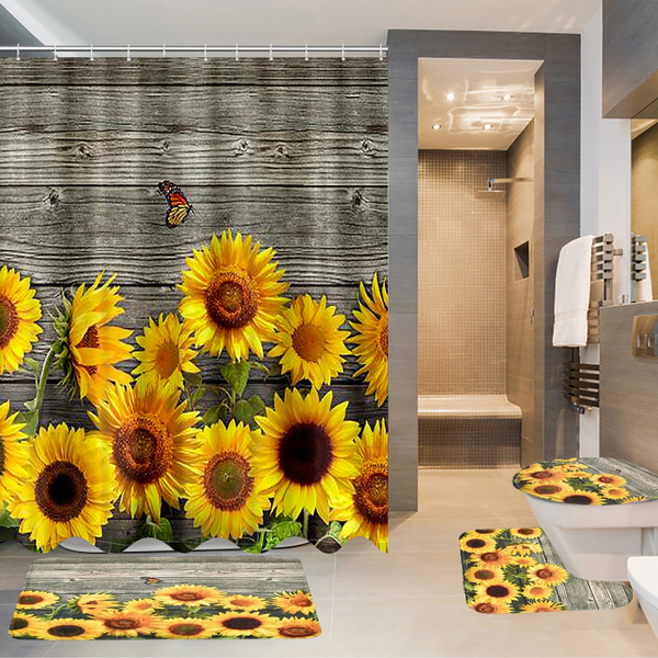 4Pcs Sunflower 3D Printing Wooden Floor Waterproof Bathroom Shower Curtain  Toilet Cover Mat Non-Slip Rug Set Bathroom Decor