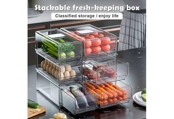 Food Storage Containers with Cover Refrigerator Drawer Stackable Kitchen  Pantry Cabinet with Drainage Hole for Freezer New