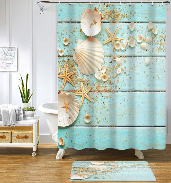 Beach Fabric Shower Curtain, Aqua Seashell and Starfish on The Coastal