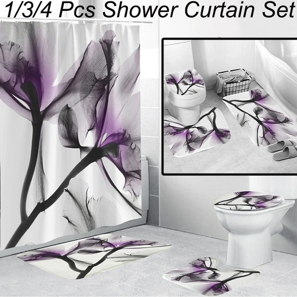 4 PCS Floral Lavender Shower Curtain Sets with Non-Slip Rugs