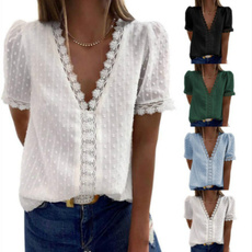 blouse, Tops & Tees, Deep V-Neck, Renda
