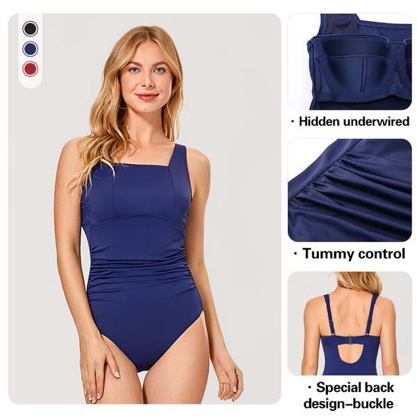 Delimira Womens Square Neck Tummy Control Underwire Plus Size One Piece Swimsuits