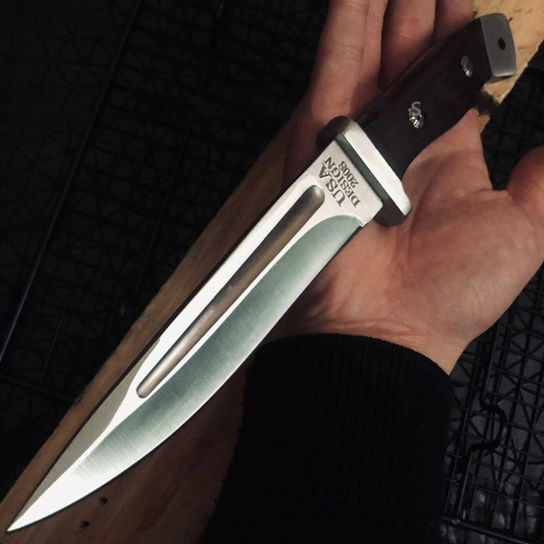 MILITARY OUTDOOR HUNTING KNIFE Fixed Blade Combat Dagger Wood Handle Camping Survival