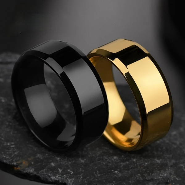 8mm Simple Charm Men Ring Smooth Stainless Steel Black Gold Charms