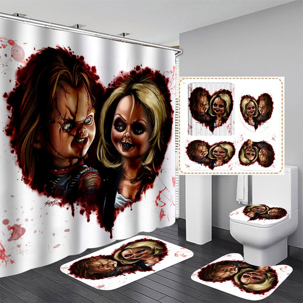 Chucky w/ his Bride Shower Curtain Set Non-Slip Bath Rug Mat Toilet Lid Cover 