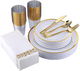 goldrimplasticplate, gold, dinnerwareset, goldplasticsilverware