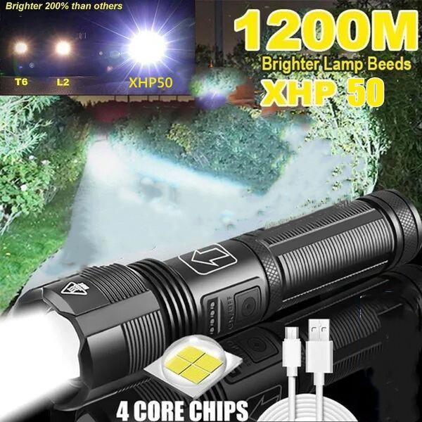 UPGRADE Brighter XHP110 Lamp Beeds LED Torch Flashlight Tactical Military Flashlight  Torch Zoomable 5-Mode 4 Core Chips Rechargeable Tactical Torches Flashlight  for Camping Hiking Bicyle Outdoor Accessories Including 18650 Batteries