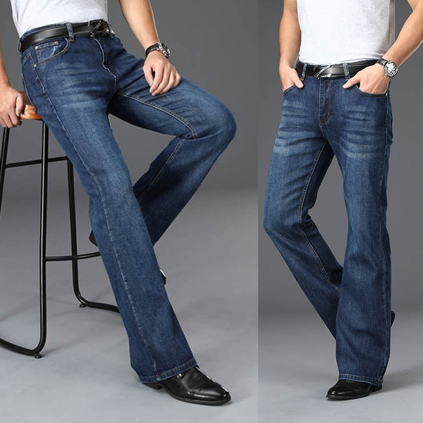 Men Flared Jeans Vintage 70s Bell Bottom Denim Pants Slim Blue