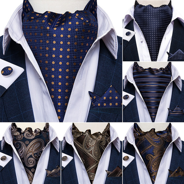 Classic Ascot Tie for Men Navy Blue Polka Dot Tie Set Paisley Cravat ...