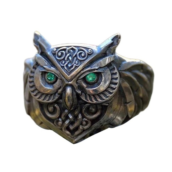 Unique Men 925 Silver Celtic Knot Viking Owl Green Gemstone Punk Ring 2021