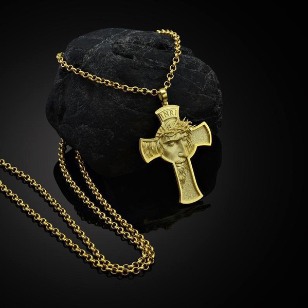 SALE Large Crucifix Cross Pendant Necklace for men Catholic Cross Necklaces  Mens 18kt Gold Filled Two Tone Jewelry Rope Chain