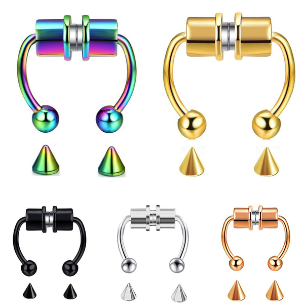 Naierhg 5Pcs Nose Ring Non Piercing Magnetic Stainless Steel False Horseshoe Shape Nose Hoop For Party