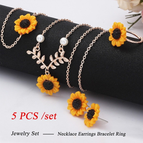 5/3PCS Necklace Earring Bracelet Ring Set Women Fashion Jewelry Accessories  Sunflower Jewelry Gifts Sunflower Leaf Branch Jewelry Set Charm Gold
