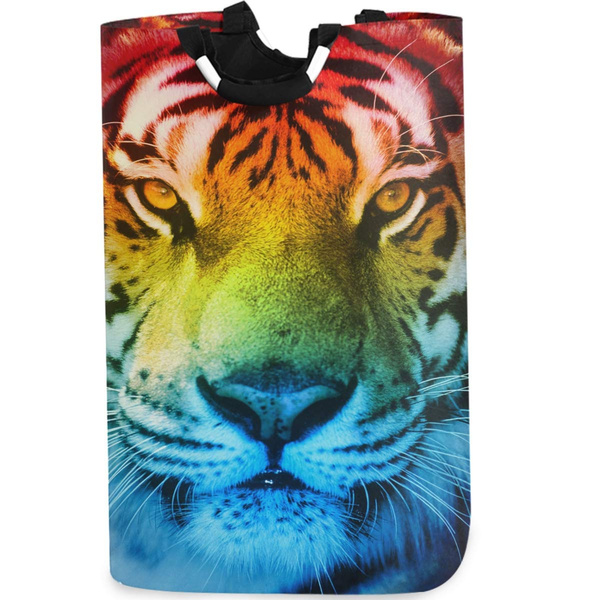 Tiger Face with Rainbow Colour Large Laundry Bag Collapsible Oxford Fabric  Laundry Hamper Foldable Portable Dirty Clothes Laundry Basket with Handles  Waterproof Washing Bin Laundry Tote Bag