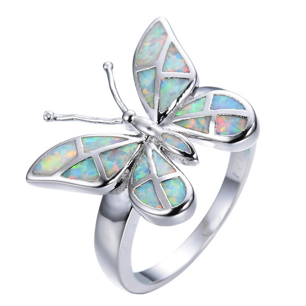Fashion women Silver White Fire Opal Butterfly Ring Lover Dress Charm Jewelry 