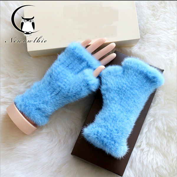 Women's Real Genuine Mink Fur Fingerless Knitted Winter Elastic Gloves ...
