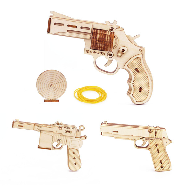 Wooden Gun 3D Puzzle Toy Revolver Model Assembly Gift for Kids Boy Teens 