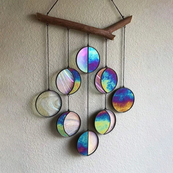 Clear rainbow iridized moon phase art wall hanging stained glass moon