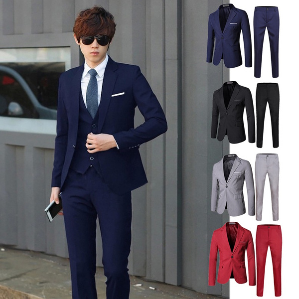 Men's Two Piece Suit Slim Fit Solid Color Business Casual Wedding Suit ...