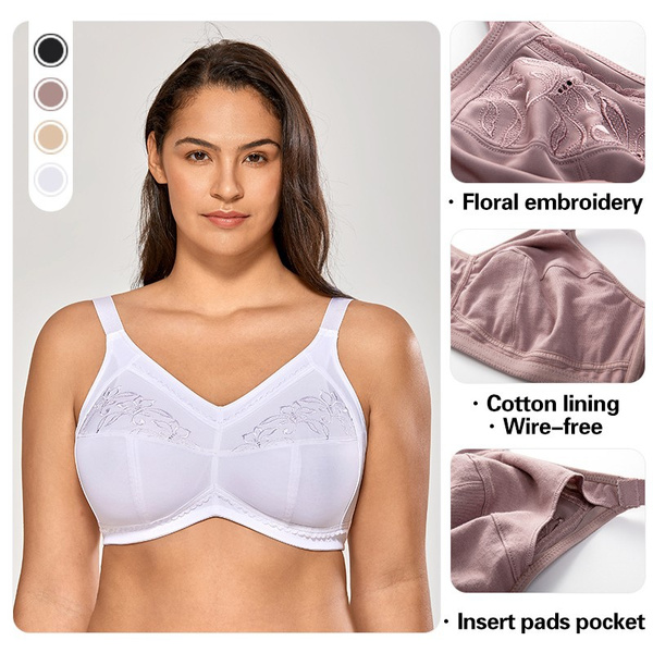 Women's Floral Embroidery Full Coverage Cotton Lining Bra Plus Size Wireless  Unlined Mastectomy bra 34 36 38 40 42 44 B C D DD E F G