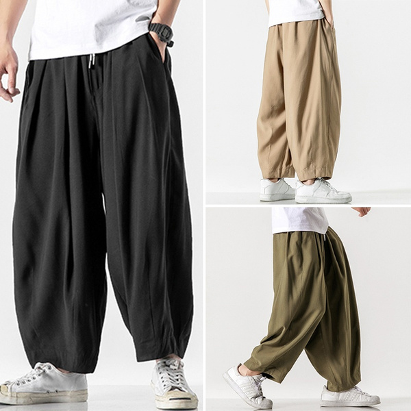 Men Drop Crotch Pants Solid Color 