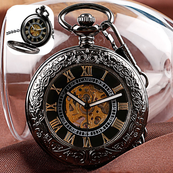 Antique black half hunter case roman number display pocket watch self