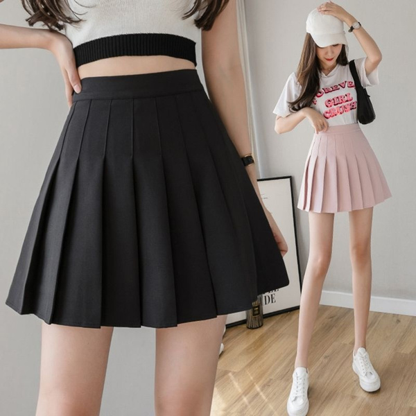 Women Pleated Mini Skirt Elegent High Waist Pure Color Pleated Mini Skirt A  Line Short Pleated Skirt Black