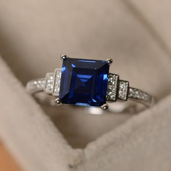 Simple 925 Sterling Silver Ring Princess Sqaure Cut Blue Sapphire ...