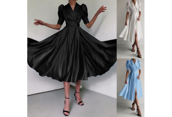 Womens Satin Silk Long Shirt Dress Summer Puff Short Sleeve V Neck Split  Party Elegant Casual Maxi Dresses Plus Size