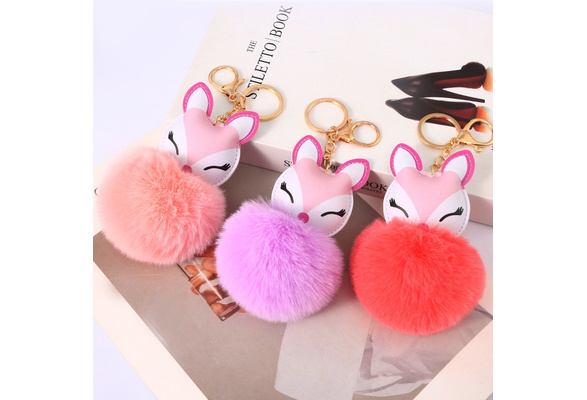 Animal Cat Pom Pom Keychain Faux Fluffy Key Ring for Women Girls