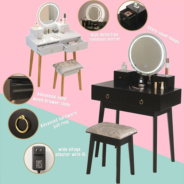 Vanity Table Set With Lighted LED Touch Screen Dimming Round Mirror