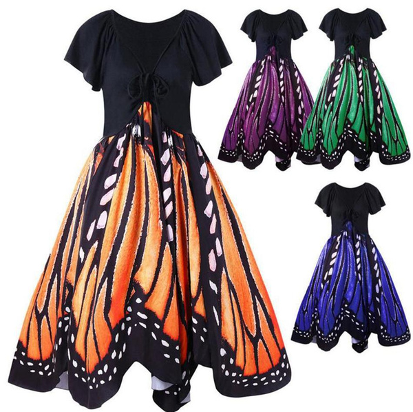 Plus Size Women Casual Dresses Butterfly Print V-Neck Short Sleeve Long  Dress