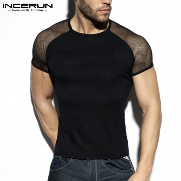 Men Summer Top Short Sleeve Shirts Mesh Transparent Club Wear Slim