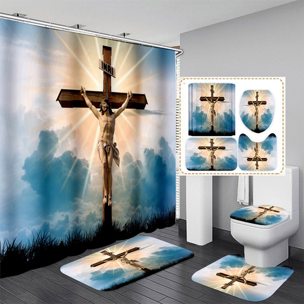 Jesus Christ  Non-Slip Bath Mat Toilet Lid Cover Pedestal Rugs 3Pcs Set Non-slip 