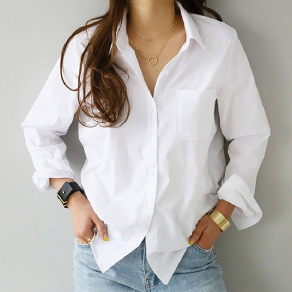 Ladies Loose Basic Blouses Casual White 