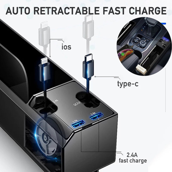 Newest Car Storage Box with Charger Cable Car Seat Gap Storage Box with  Cable for IOS/Android/Type C Dual USB Port Auto Stowing Tidying Car  Accessories
