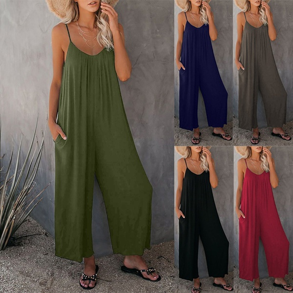 Helisopus Womens Baggy Adjustable Strap Sleeveless Plus Size Linen Overalls Jumpsuits Casual Loose Wide Leg Rompers 