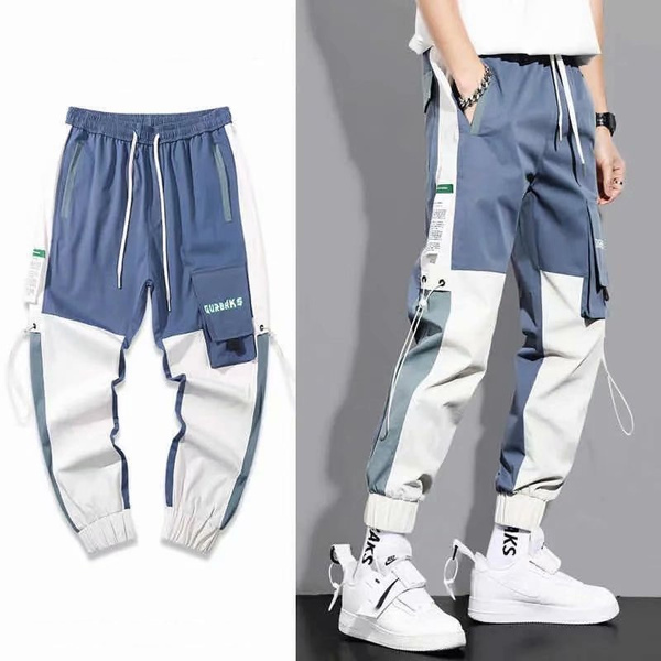 Men's Cargo Pants Japanese Style Pockets Jogger Trousers Color Block Pants  NEW