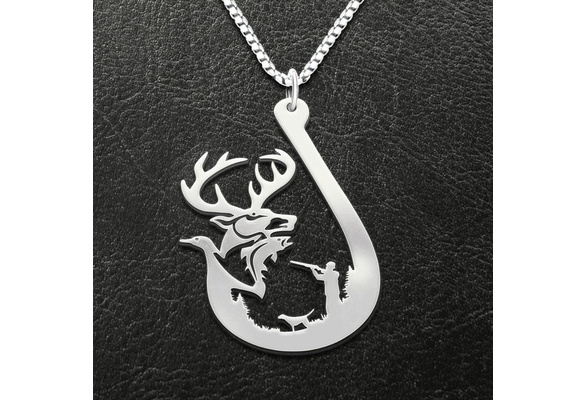 Hunting Fishing Deer Duck Fish Pendant Necklace, Fishing Necklace