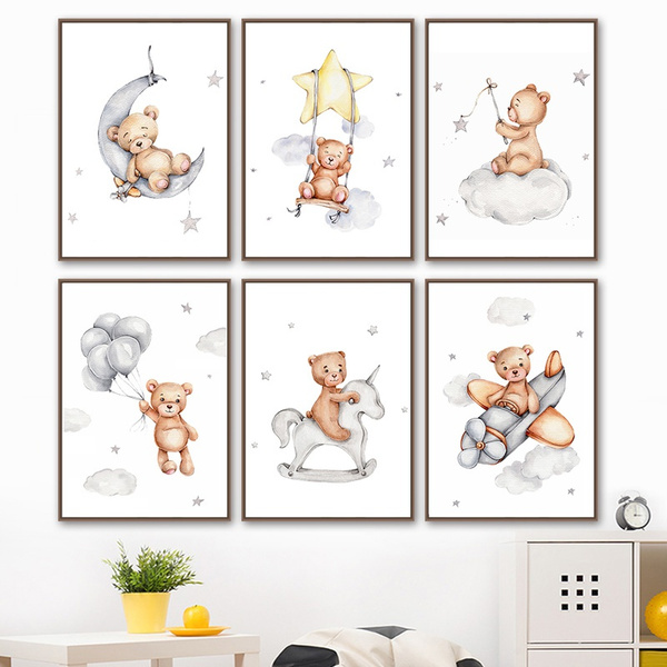 Nordic Cute Watercolor Bear Plane Moon Star Balloon Nursery Wall Art Canvas  Painting Posters and Prints Wall Pictures for Kids Room Boys Girls Bedroom