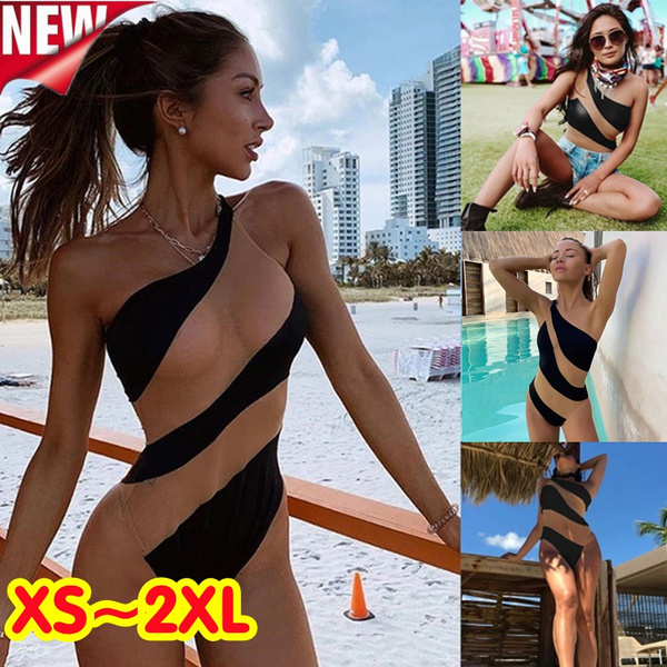 2022 New Style Summer Beach Fashion Bandage Women One Piece Bikini Push up Padded Swimsuit Bathing Swimwear Beach Monokini Stripe Skinny One Shoulder