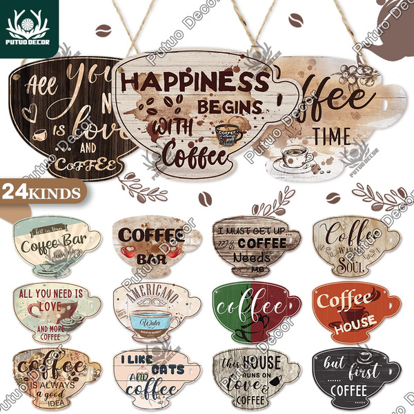 Putuo Decor-Coffee Shape Wood Sign Cafe Accessories Christmas Birthday Gift  Home Kitchen Coffee Bar Decoration（4.7×6.7 ）