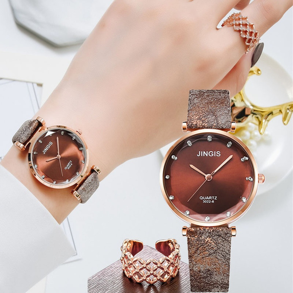 Fashion Women Simple Watch Leather Quartz Wrist Watches Ladies Diamond ...