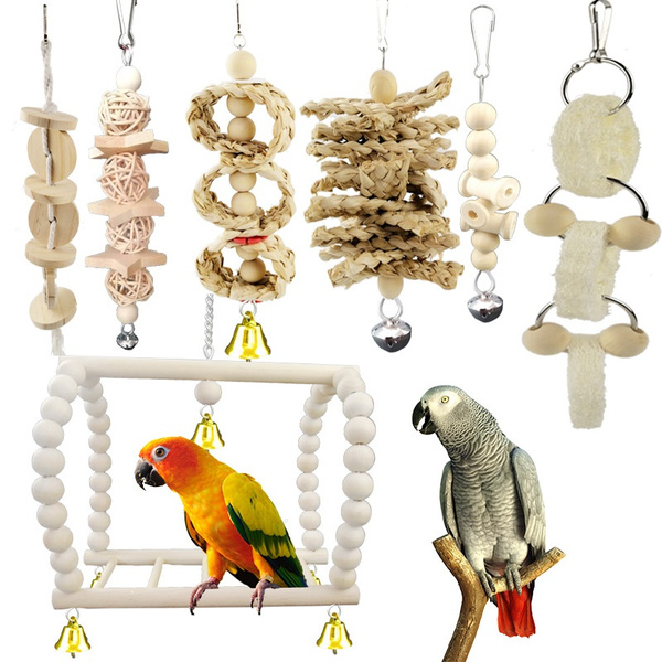Wooden Hanging Bell Bird Cage Toys for Small Parakeets Finches,Budgie,Macaws Parrots Conures Cockatiels Bird Parrot Swing Chewing Toys 7 Packs Love Birds
