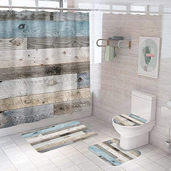 4 3 1pcs Wooden Shower Curtain Set For, Teal Shower Curtain Sets With Rugs