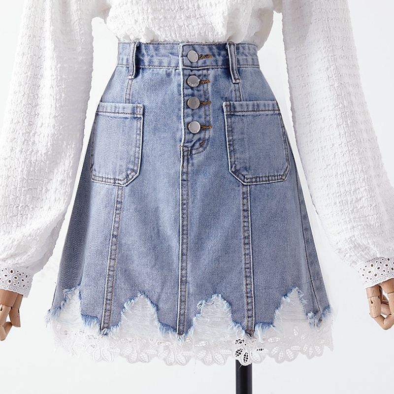 Denim Skirt Lace Floral Patchwork High Waist A-line Retro
