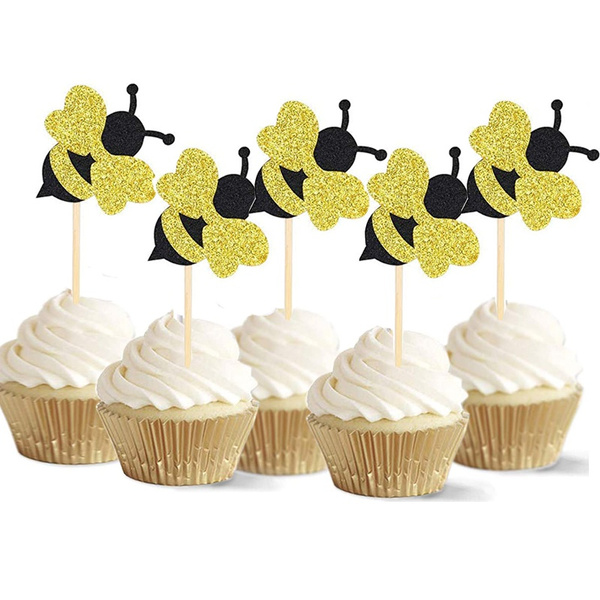 10pcs Glitter Bumble Bee Cupcake Toppers Baby Bee for Gender Reveal Baby  Shower Party Cake Food Decoration Supplies